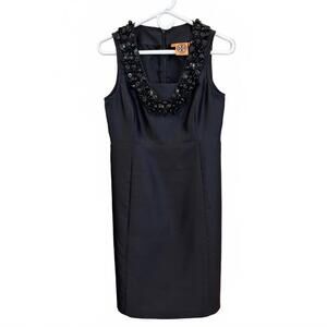 🖤 Tory Burch Black Silk Beaded‎ Neck Sheath Dress – Size 4
